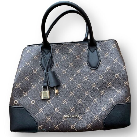 Nine West Brooklyn Jet Set Satchel Brown Black Logo Polyurethane Bag Purse Tote - Picture 1 of 9